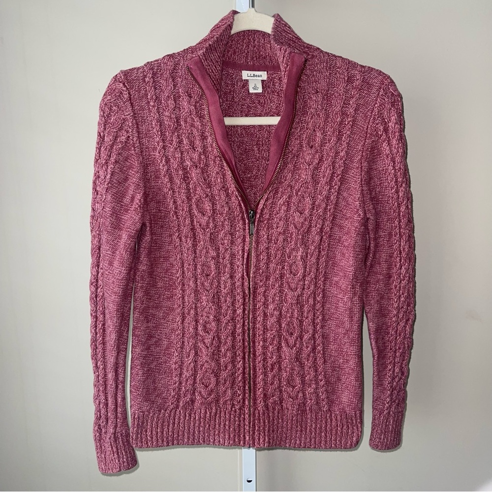 L.L.Bean Cable Knit Full Zip Sweater Cardigan Pink Rose Size Small